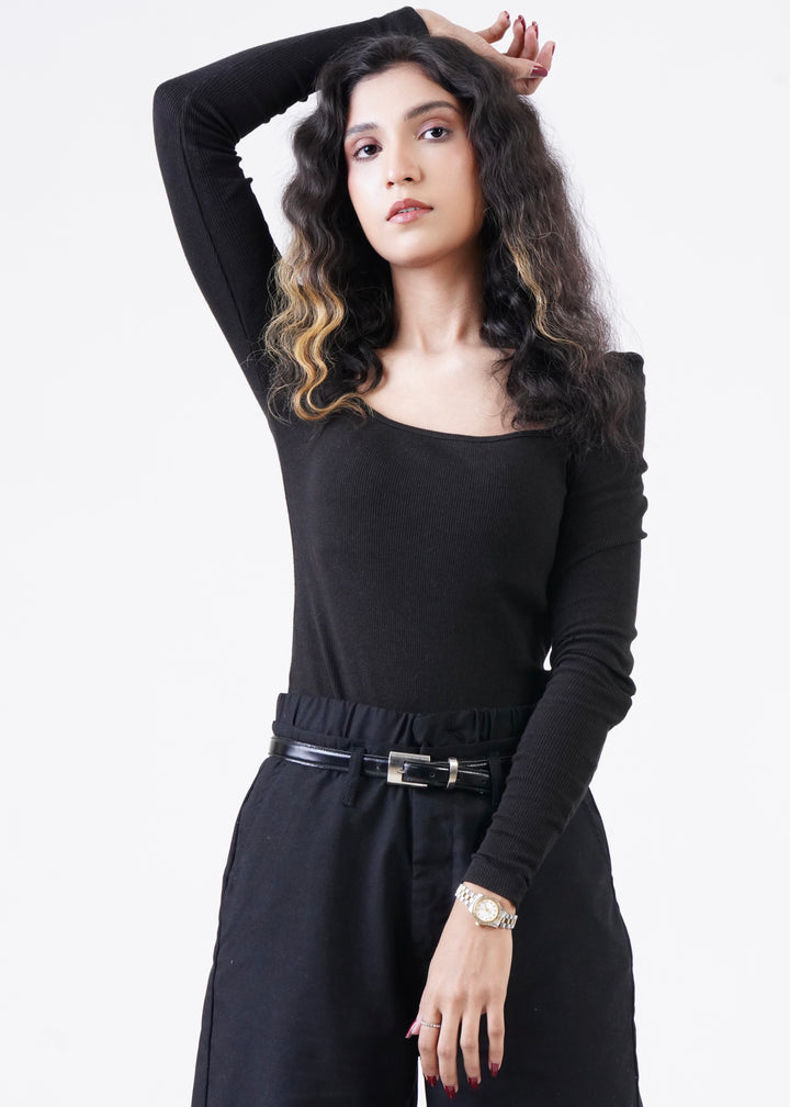 THE FULL SLEEVES RIB BODY SUIT-BLACK