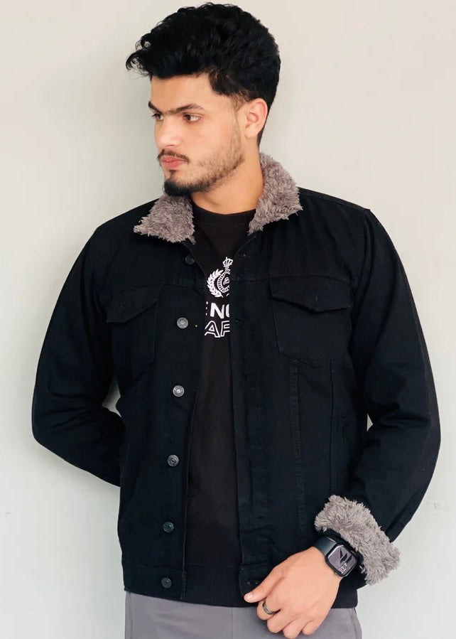 ELEVATE YOUR LOOK WITH THE ULTIMATE  DENIM FURR JACKET BLACK - FT