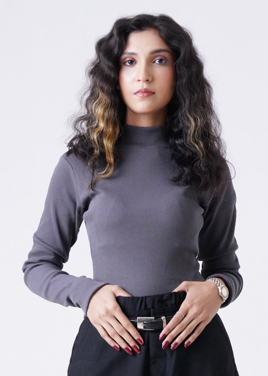 THE RIB FULL-SLEEVES MOCK NECK-CHARCOAL