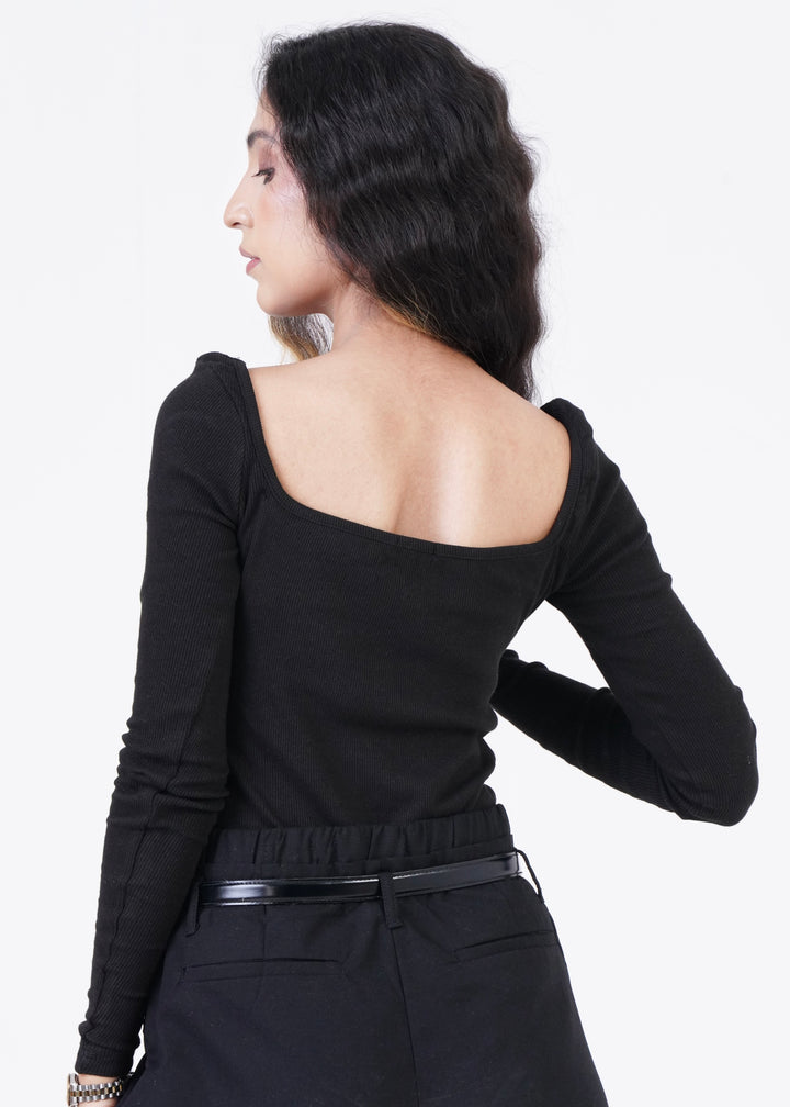 THE FULL SLEEVES RIB BODY SUIT-BLACK