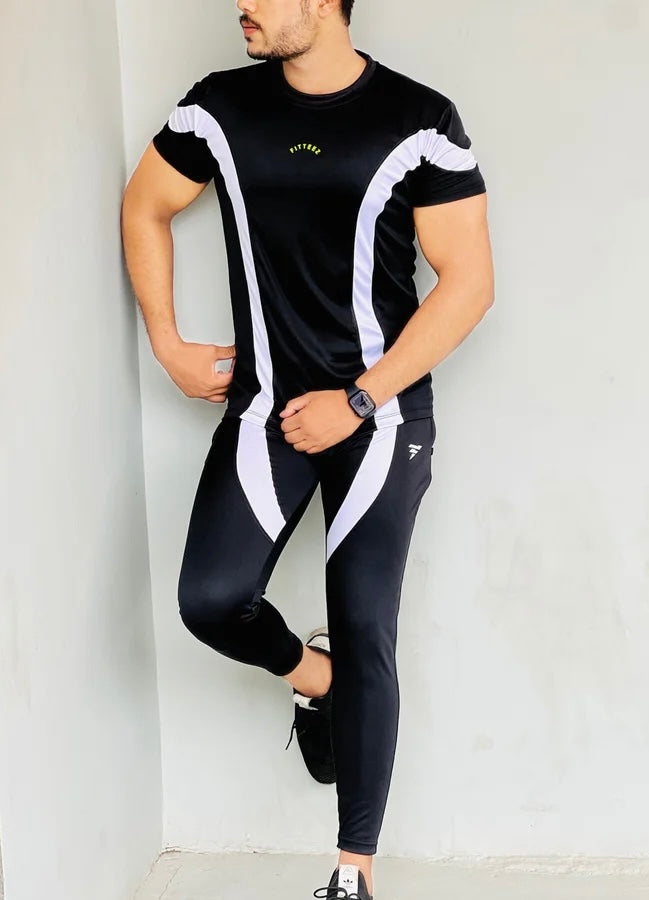 FITTEEZ WHITE TAPED TWINSET WITH LYCRA - BLACK