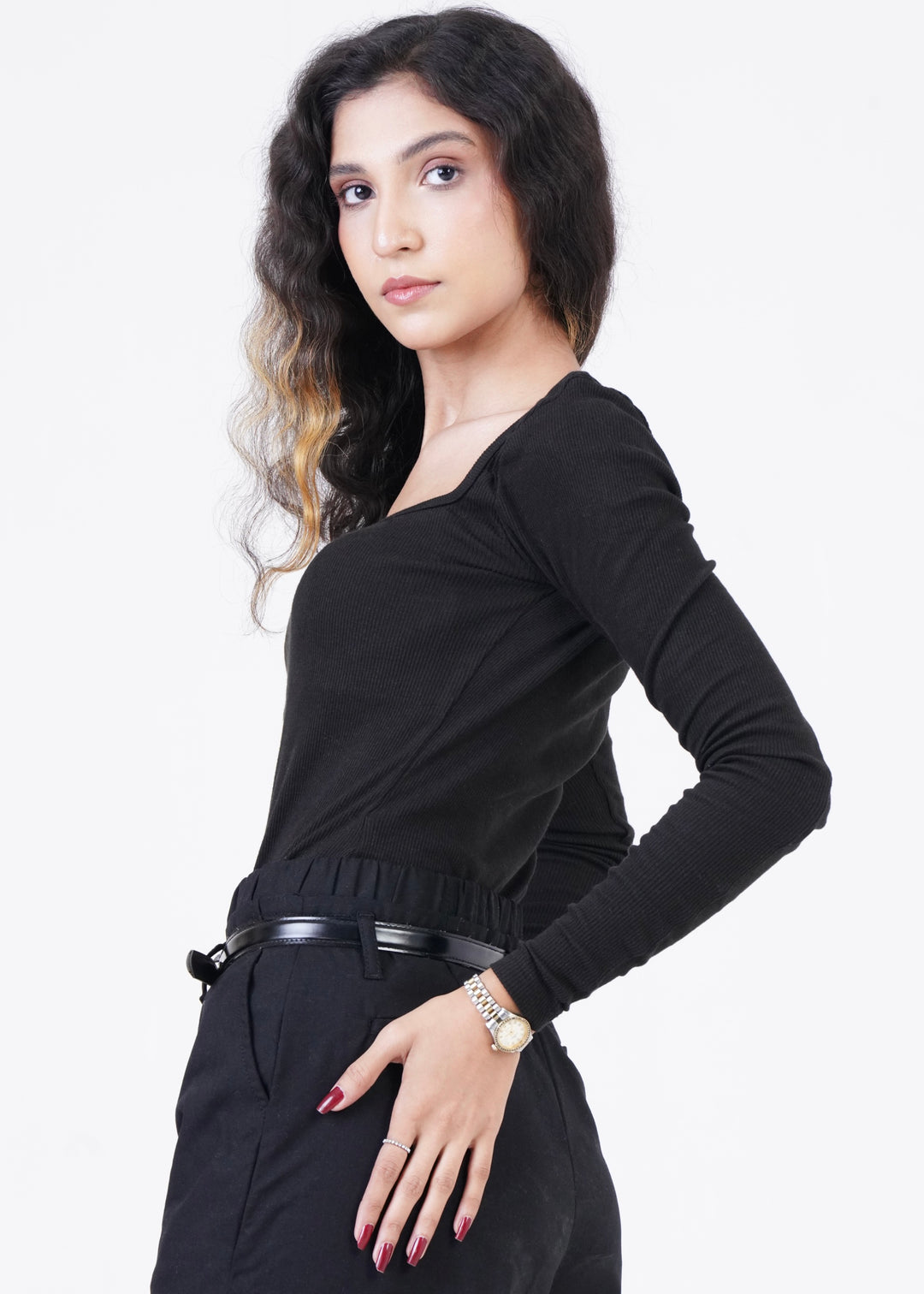 THE FULL SLEEVES RIB BODY SUIT-BLACK