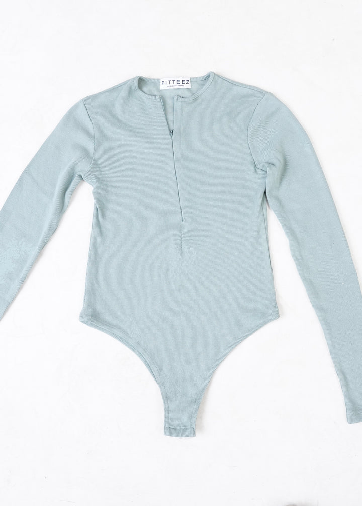 THE FULL-SLEEVES RIB BODY SUIT-SEA GREEN