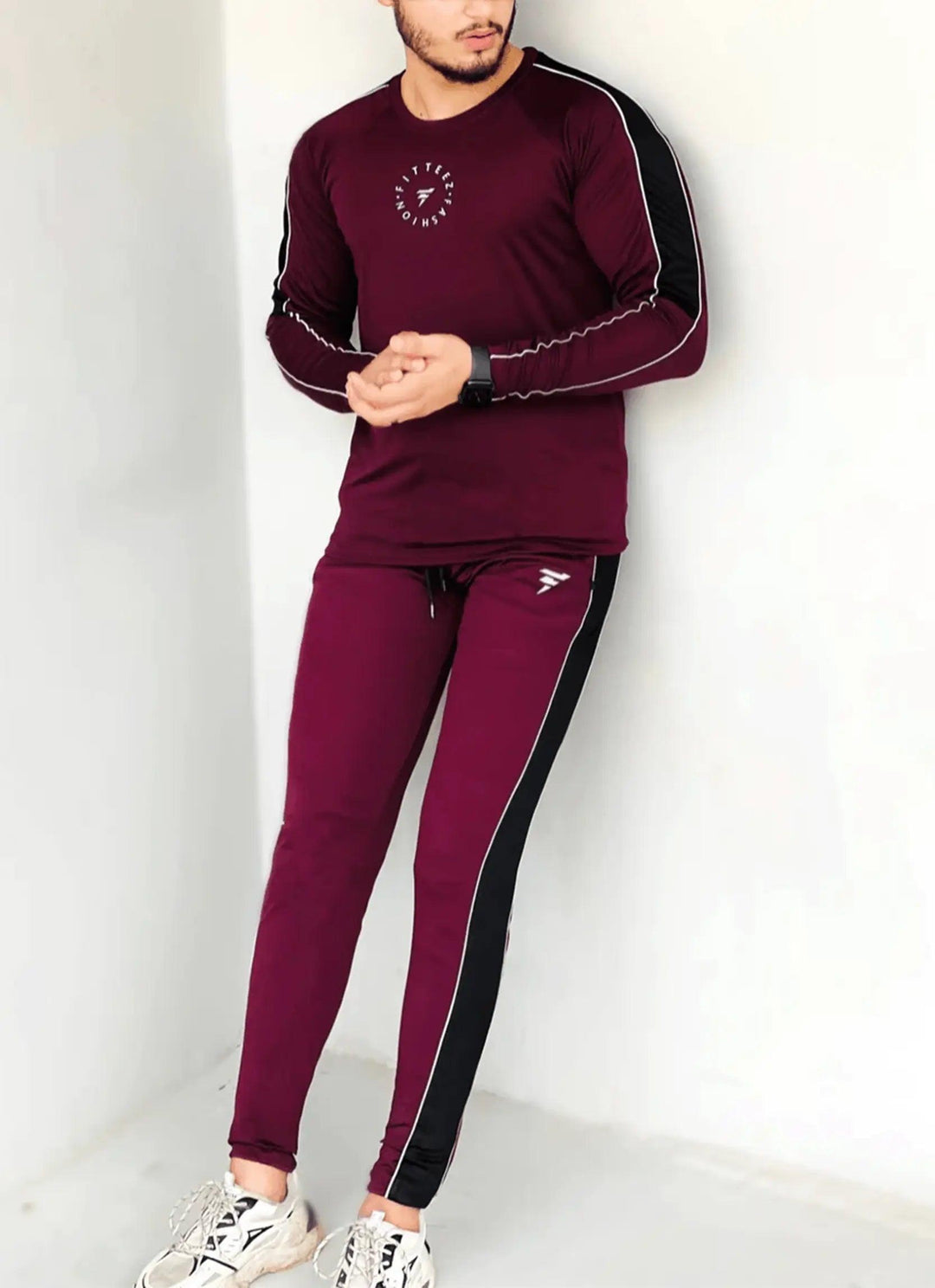 DARK MAROON MODERN TOUCHES TRACKSUIT WITH STYLISH CONTRAST - FITTEEZ